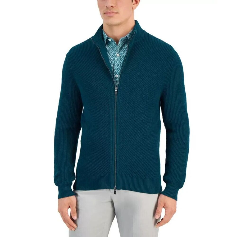 Alfani Mens‎ Heavy Dark Kale Rib Zip-Front Sweater Jacket Size Small